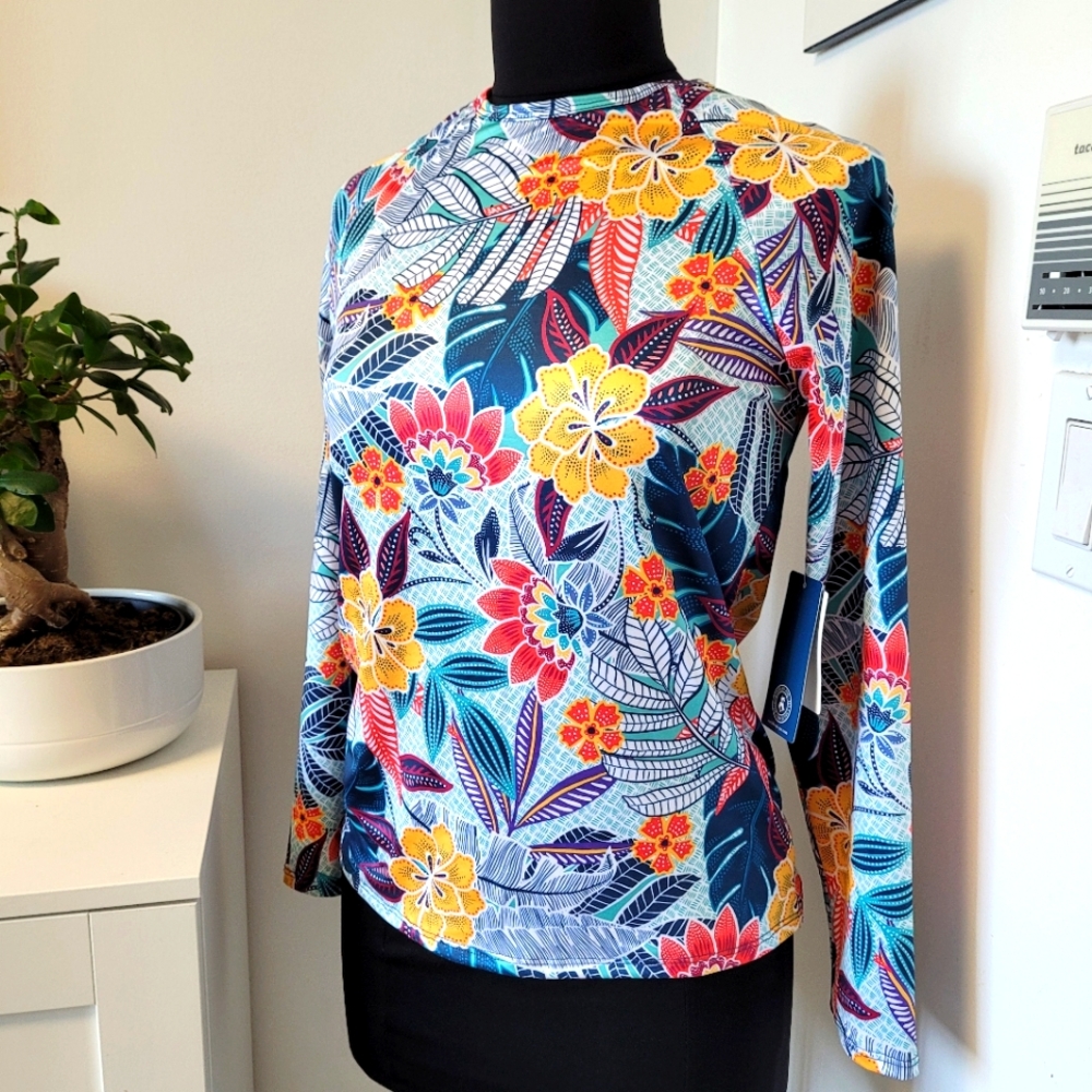 Caribbean Joe Beach Sun Swim Long Sleeve Shirt SPF 30+ Size S